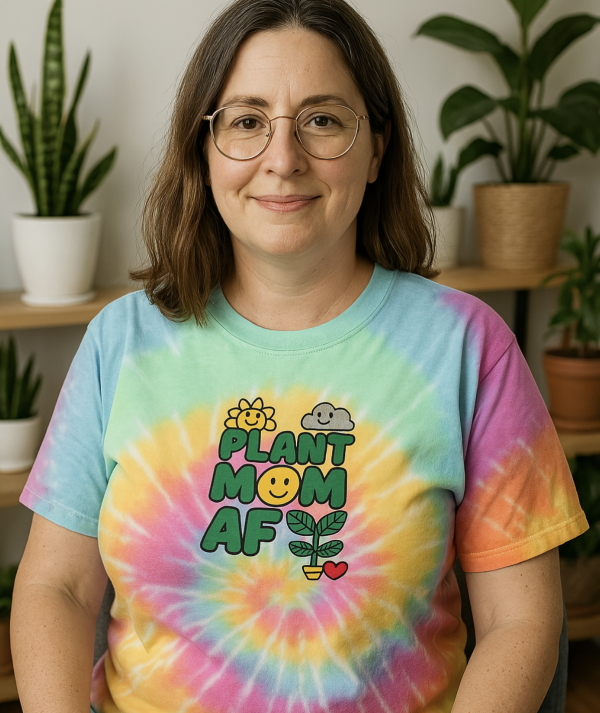 "Plant Mom AF" Engraved Tie-Dye T-Shirt – Oversized, 100% Cotton for Ultimate Comfort